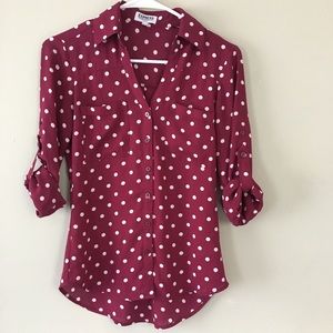 Express Maroon & White Polka Dot Button Down